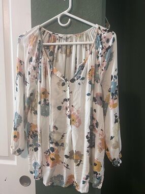Lucky Brand White Floral Peasant Blouse with Blue, Pink & Yellow Accents